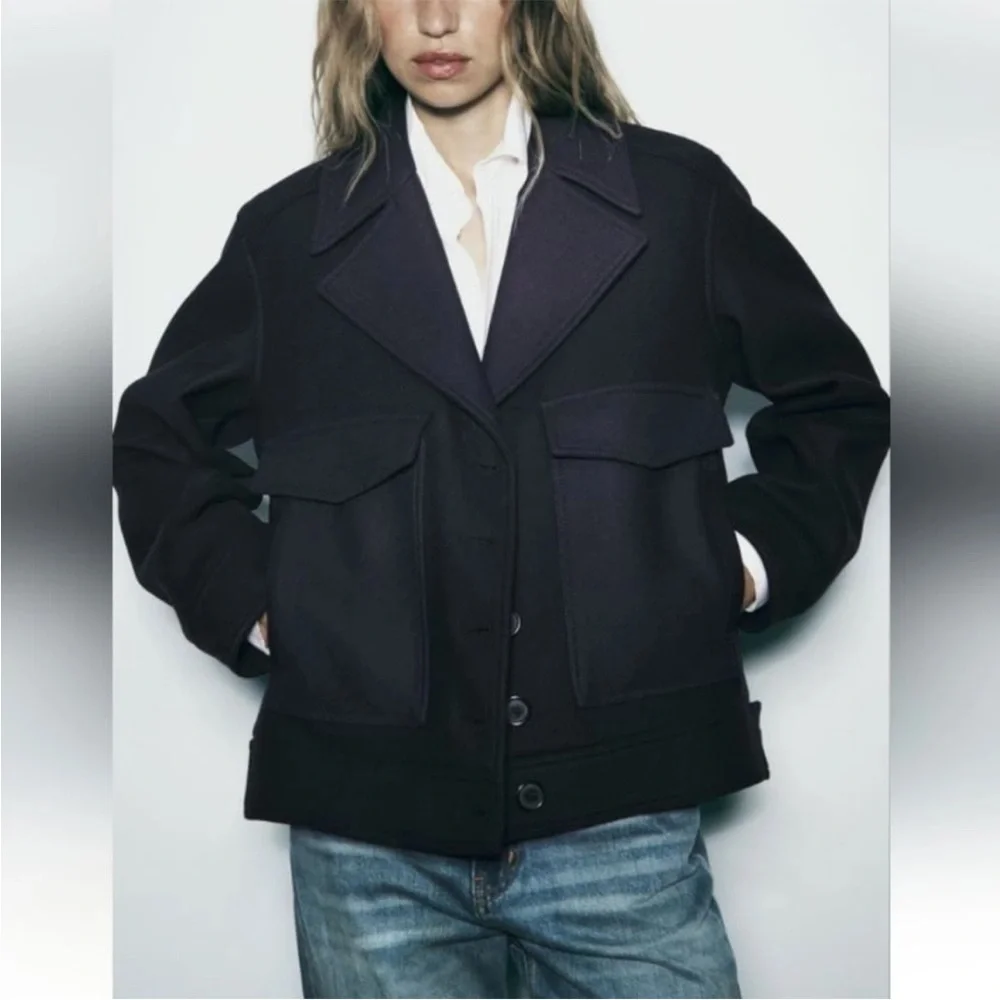 Zara ZW Collection Cropped Manteco Wool Coat Jacket Size M NWT